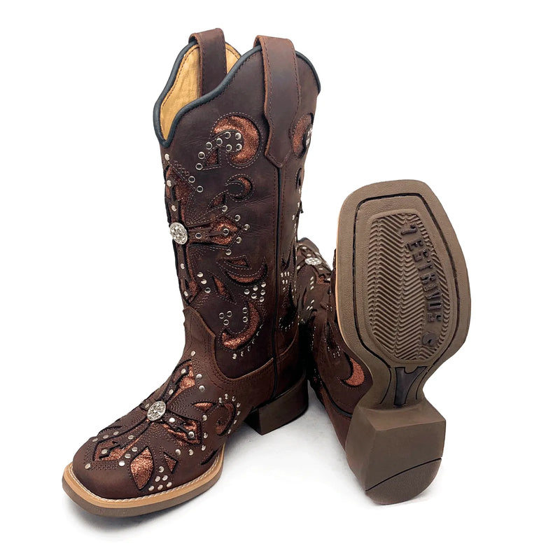 Texana Cruz Bridão - Couro Crazy Horse Cappuccino | Glitter Marrom e Bordados Marrom