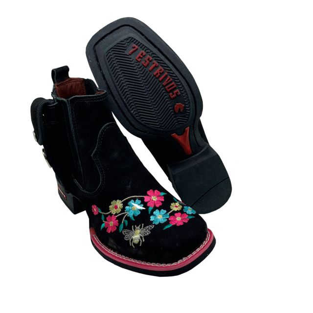 BotinaCanivete Abelha
                                    - Couro Nobuck Preto | Bordado Flores