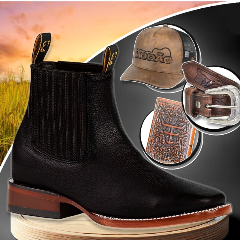 Kit Bota Masculina Ortopédica Force em 100% Couro Bovino + Cinto Country, Boné Modão e Carteira GRÁTIS