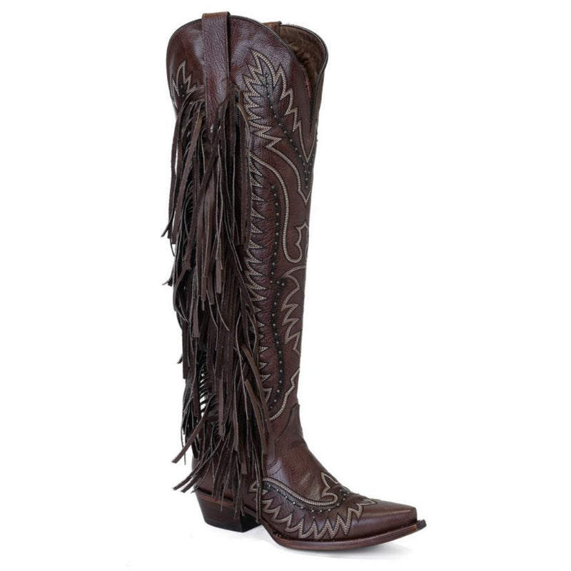 Bota Cano Longo Western Franja Marrom