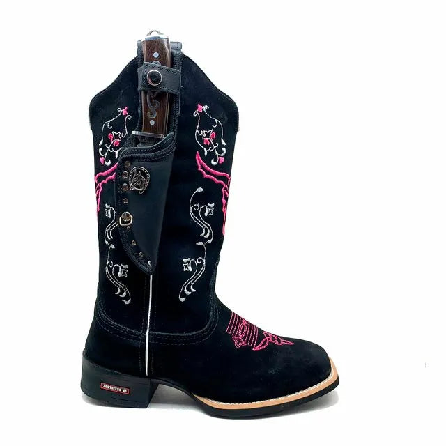 BotaFaca Cara de Touro 2.0
                                    - Couro Nobuck Preto | Bordados Rosa e Branco