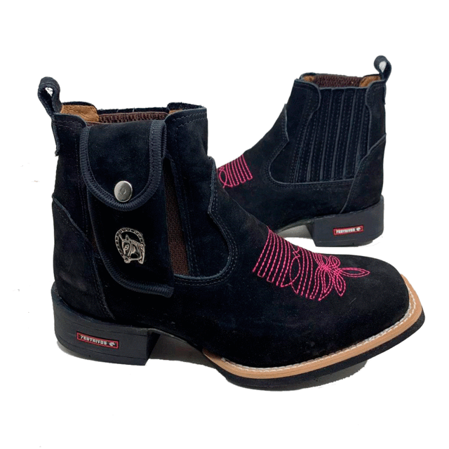 BotinaCanivete Tradicional
                                    - Couro Nobuck Preto | Bordado Rosa