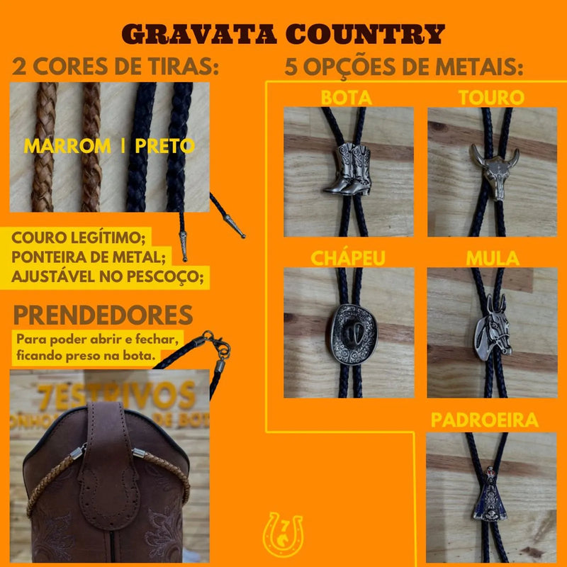 GRAVATA COUNTRY - CORDÃO PRETO PINGENTE PADROEIRA