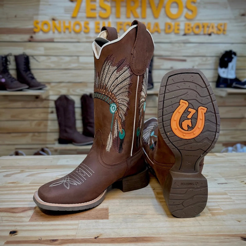 Texana Cocar Feminina 2.0 - Couro Crazy Horse Nescau | Bordados Bege e Verde