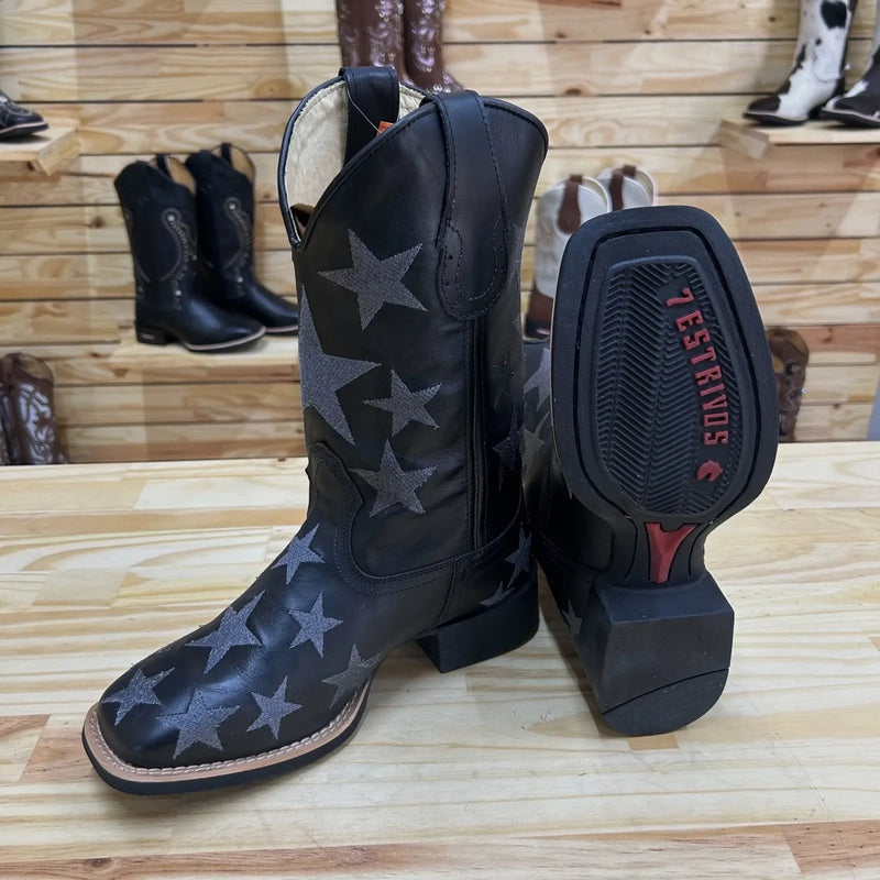 Texana Estrela - Couro Látego Preto | Bordado Cinza