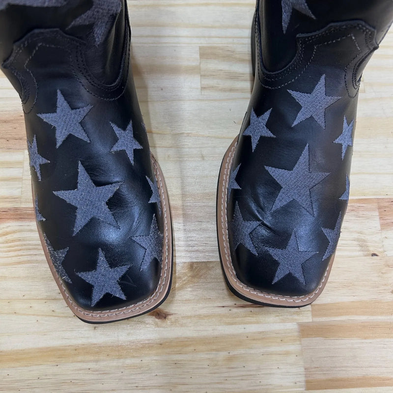 Texana Estrela - Couro Látego Preto | Bordado Cinza