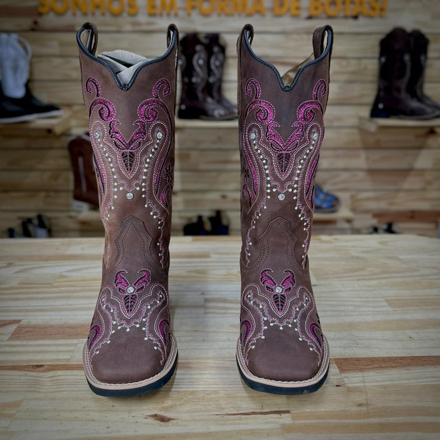 BOTA TEXANA LASER TRIBAL GLITTER ROSA PINK COM STRASS COURO MARROM
