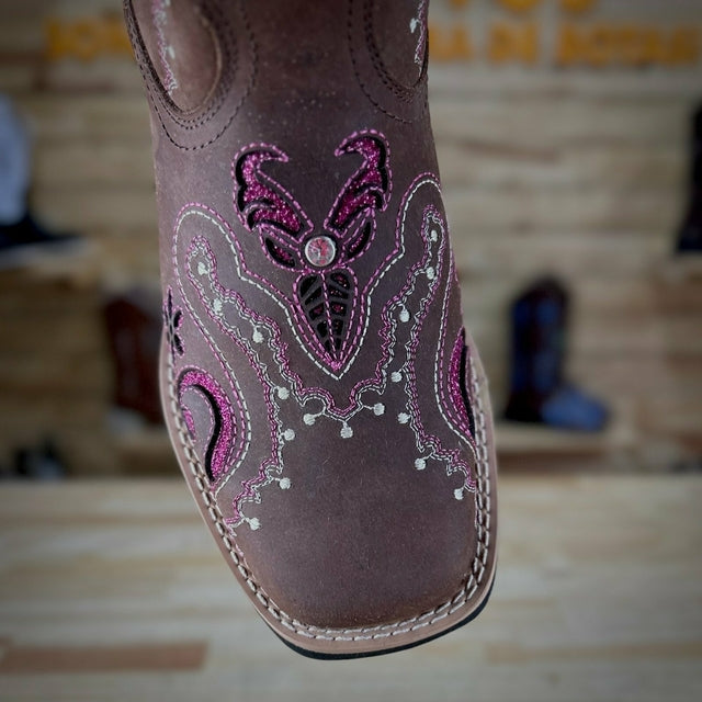BOTA TEXANA LASER TRIBAL GLITTER ROSA PINK COM STRASS COURO MARROM