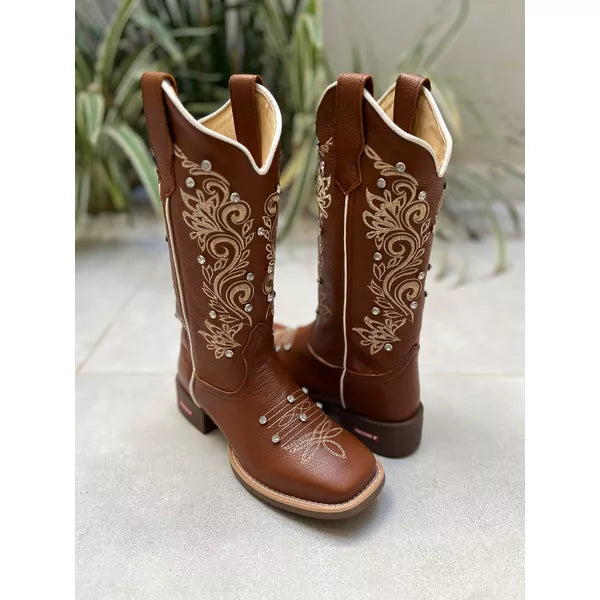 BOTA TEXANA EM COURO BORDADO RAMOS AMANDA COM METAIS STRASS